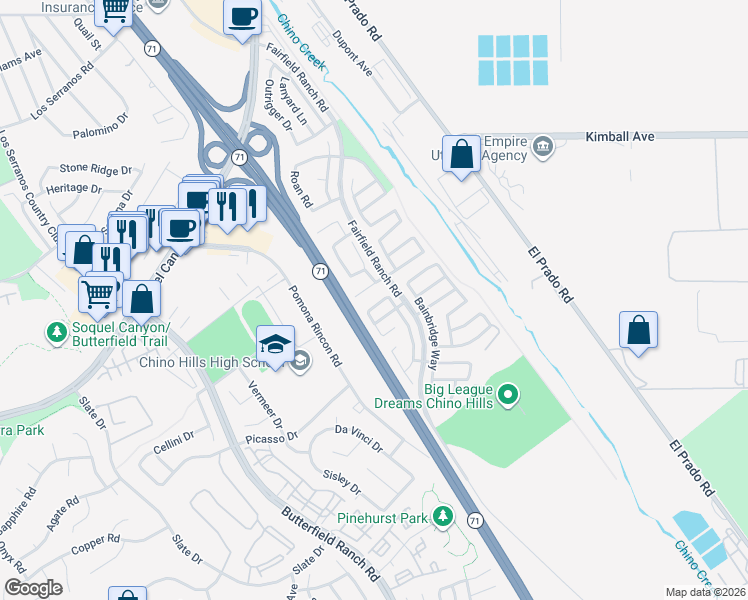 map of restaurants, bars, coffee shops, grocery stores, and more near 5560 Victoria Falls Parkway in Chino Hills