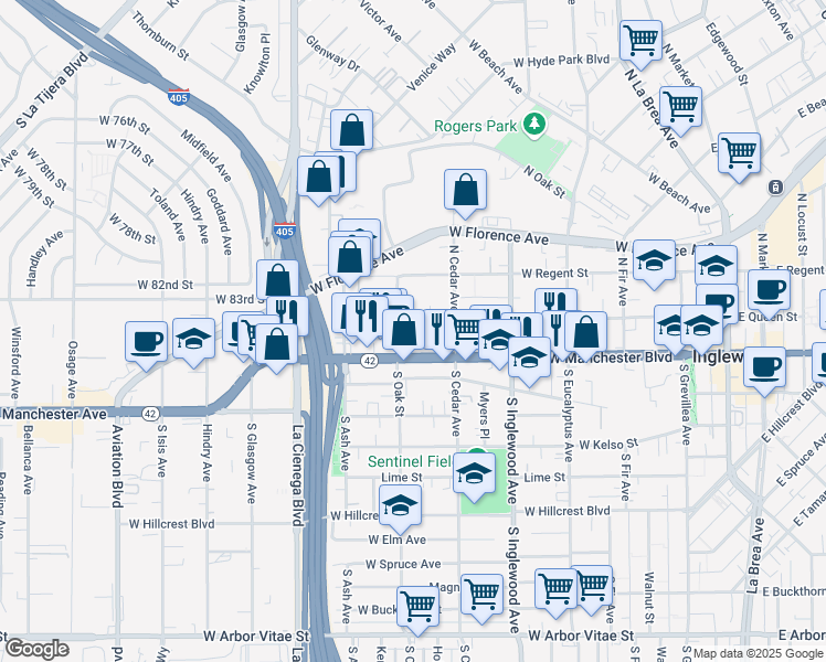 map of restaurants, bars, coffee shops, grocery stores, and more near 534 West Queen Street in Inglewood