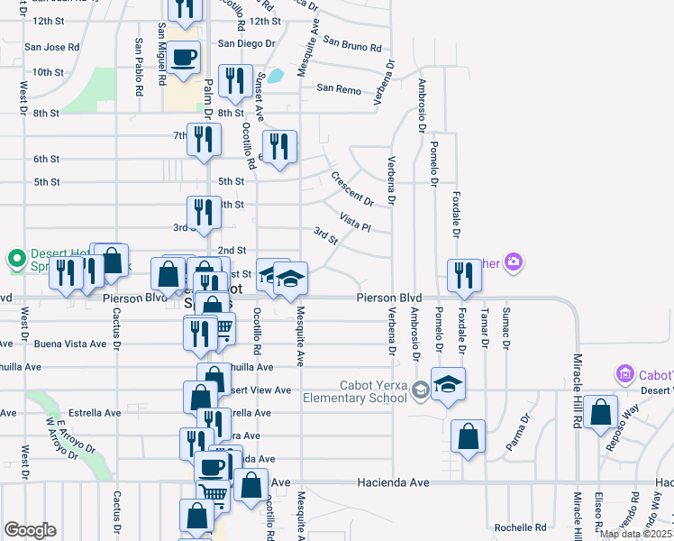 map of restaurants, bars, coffee shops, grocery stores, and more near 66855 1st Street in Desert Hot Springs