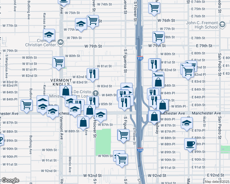 map of restaurants, bars, coffee shops, grocery stores, and more near 601 West 84th Street in Los Angeles