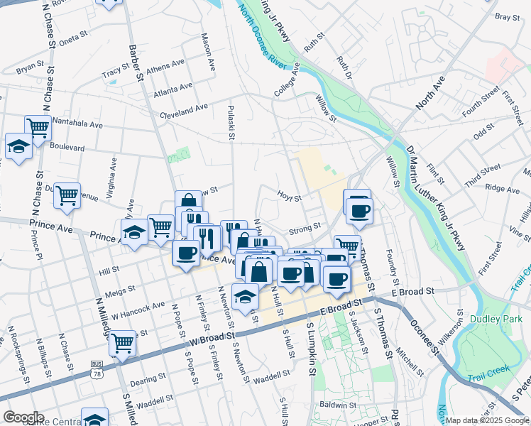 map of restaurants, bars, coffee shops, grocery stores, and more near 101 Madison Avenue in Athens