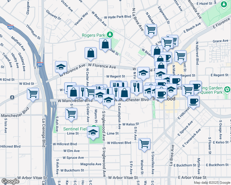 map of restaurants, bars, coffee shops, grocery stores, and more near 308 West Queen Street in Inglewood