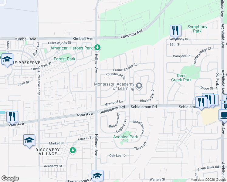 map of restaurants, bars, coffee shops, grocery stores, and more near 14872 Landerwood Drive in Corona