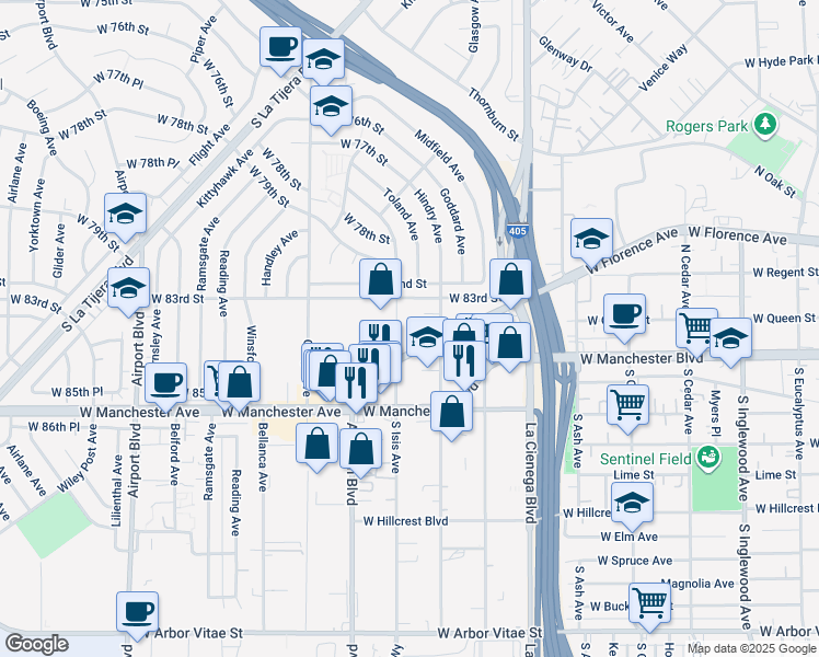 map of restaurants, bars, coffee shops, grocery stores, and more near 8301-8331 Isis Ave in Los Angeles