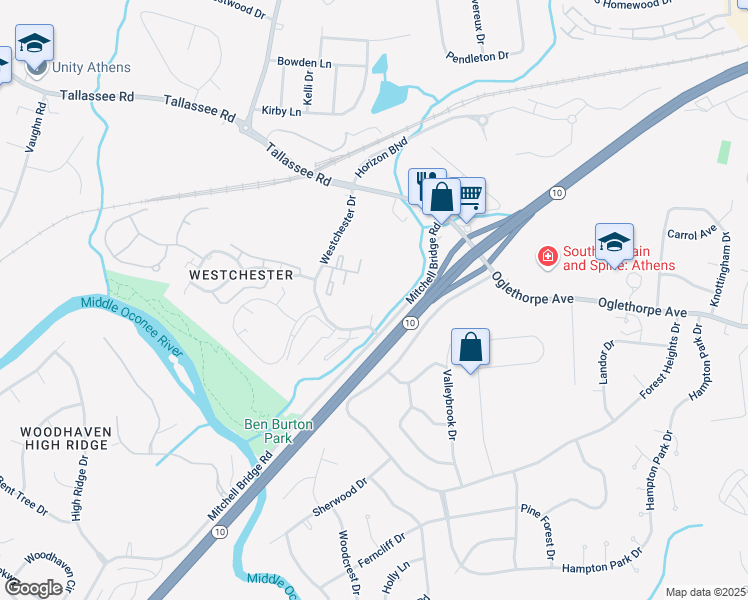 map of restaurants, bars, coffee shops, grocery stores, and more near 240 Mitchell Bridge Road in Athens