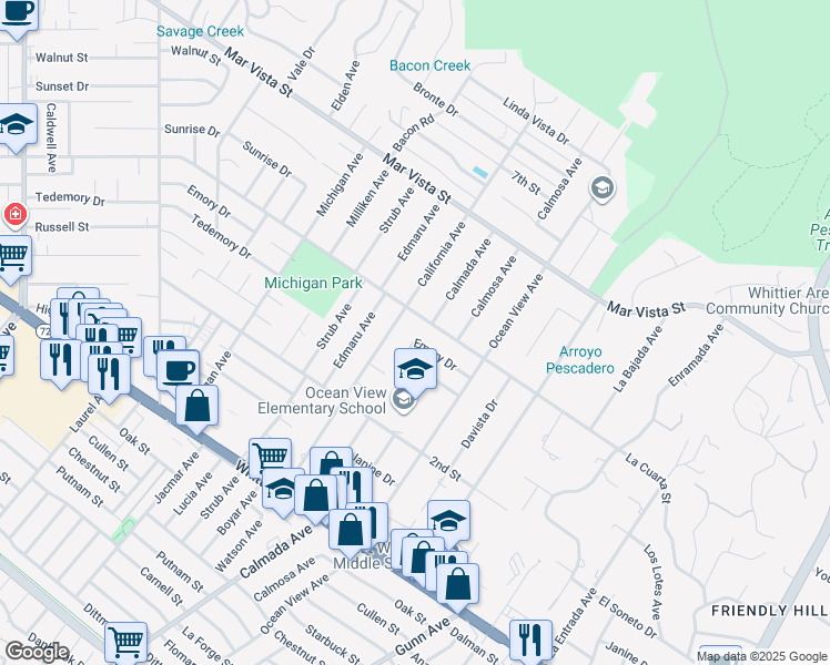 map of restaurants, bars, coffee shops, grocery stores, and more near 14327 Emory Drive in Whittier