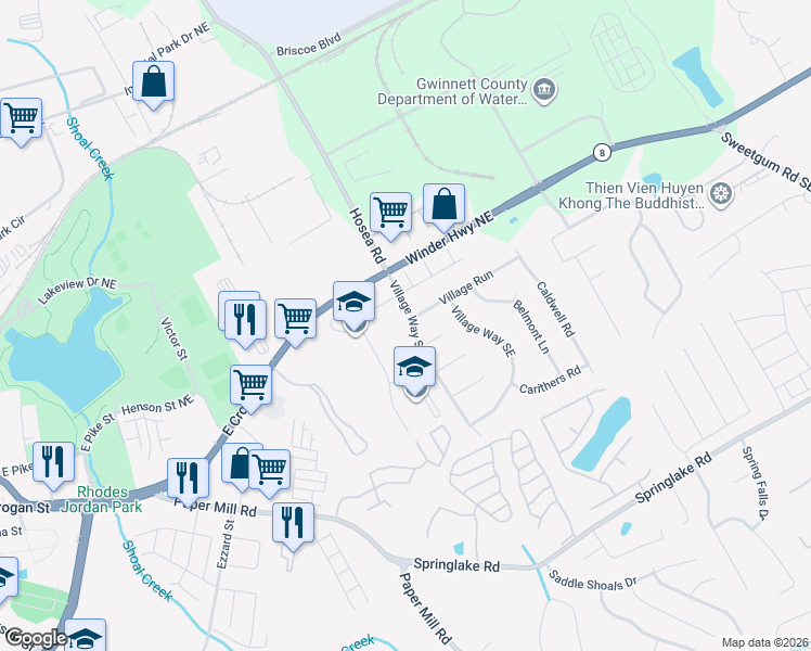 map of restaurants, bars, coffee shops, grocery stores, and more near 65 Village Way Southeast in Lawrenceville