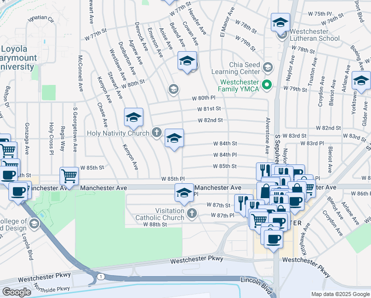 map of restaurants, bars, coffee shops, grocery stores, and more near 6567 West 84th Street in Los Angeles