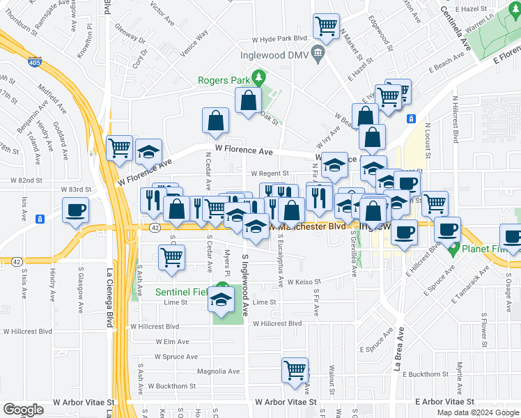 map of restaurants, bars, coffee shops, grocery stores, and more near 326 West Queen Street in Inglewood