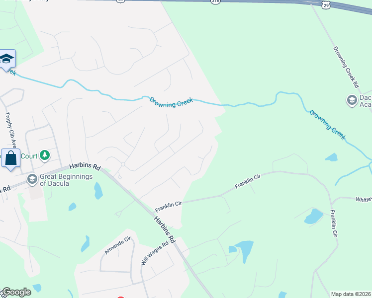 map of restaurants, bars, coffee shops, grocery stores, and more near 1667 Rolling View Way Southeast in Dacula