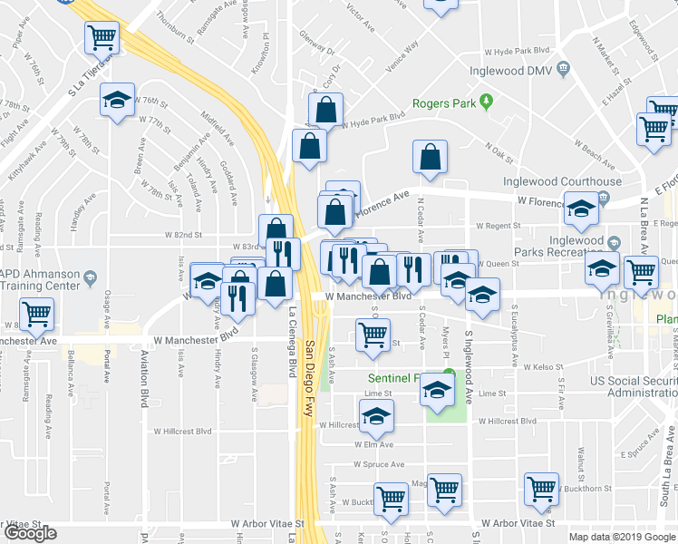 map of restaurants, bars, coffee shops, grocery stores, and more near 636 West Queen Street in Inglewood