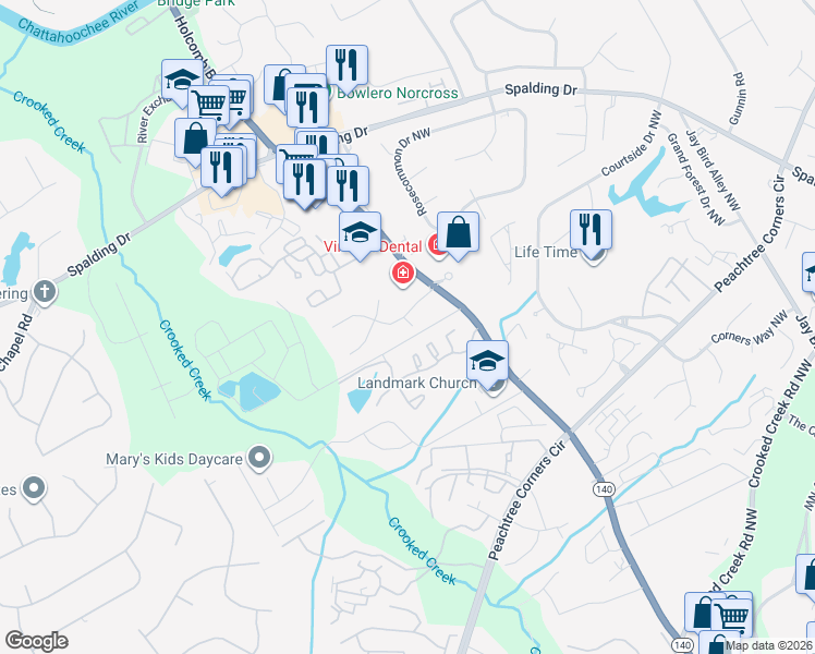 map of restaurants, bars, coffee shops, grocery stores, and more near 6349 Baker Court in Norcross