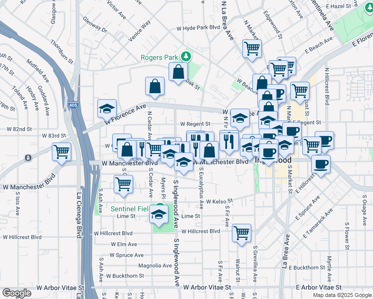 map of restaurants, bars, coffee shops, grocery stores, and more near 326 West Queen Street in Inglewood