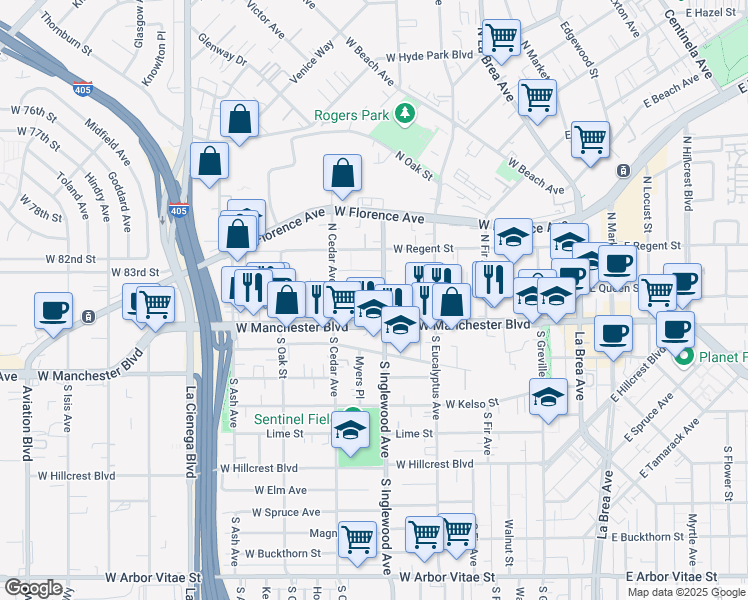map of restaurants, bars, coffee shops, grocery stores, and more near 401 West Queen Street in Inglewood