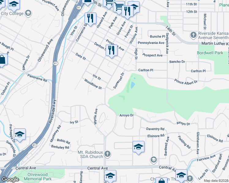 map of restaurants, bars, coffee shops, grocery stores, and more near 4858 Somerset Drive in Riverside
