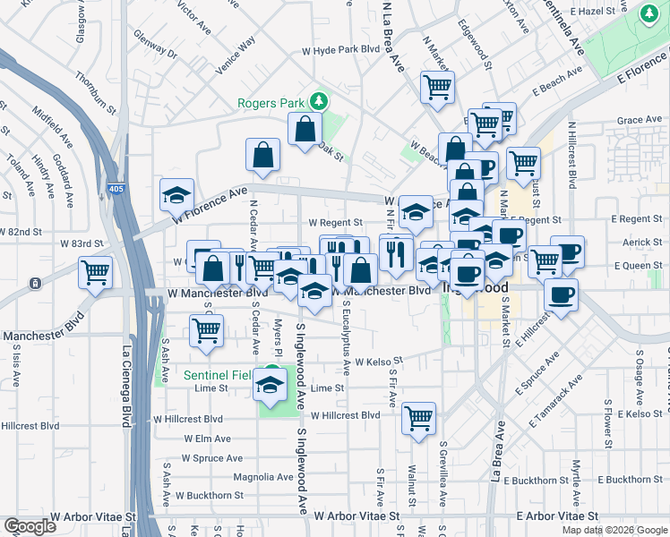 map of restaurants, bars, coffee shops, grocery stores, and more near 315 West Queen Street in Inglewood