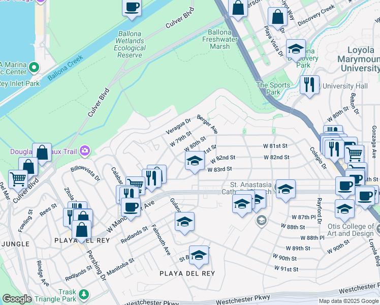 map of restaurants, bars, coffee shops, grocery stores, and more near 7826 West 80th Street in Los Angeles