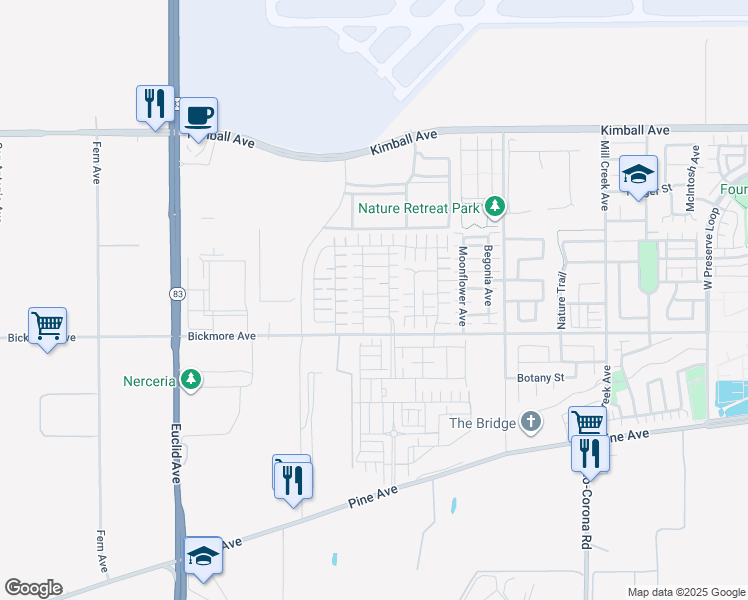 map of restaurants, bars, coffee shops, grocery stores, and more near 7465 Galloway Lane in Chino
