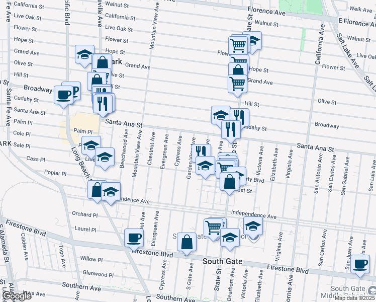 map of restaurants, bars, coffee shops, grocery stores, and more near 8133 Garden View Avenue in South Gate
