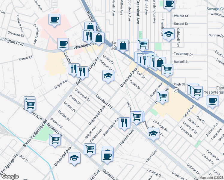 map of restaurants, bars, coffee shops, grocery stores, and more near 12938 Helmer Drive in Whittier