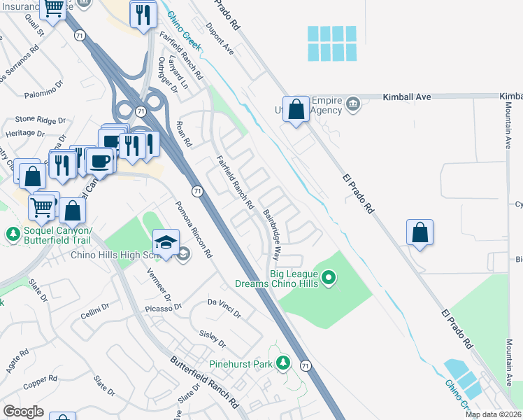 map of restaurants, bars, coffee shops, grocery stores, and more near 15988 Bainbridge Way in Chino Hills