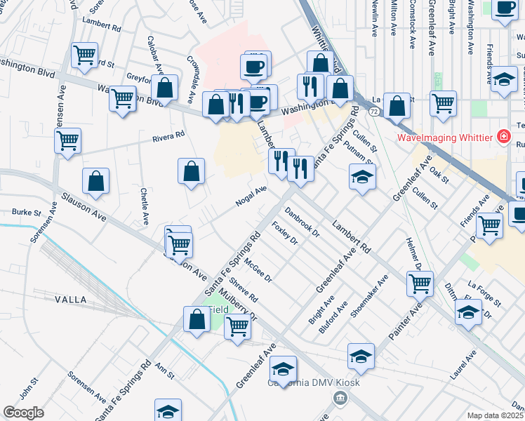 map of restaurants, bars, coffee shops, grocery stores, and more near 8637 Santa Fe Springs Road in Whittier