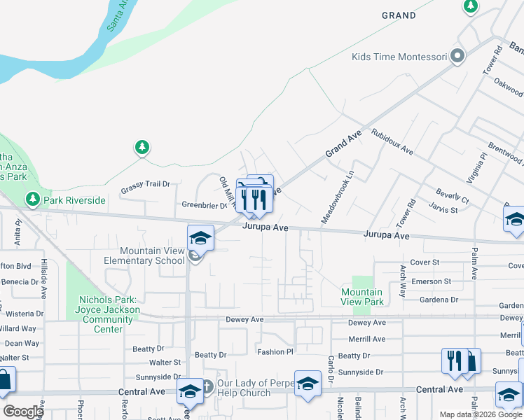 map of restaurants, bars, coffee shops, grocery stores, and more near 5949 Grand Avenue in Riverside