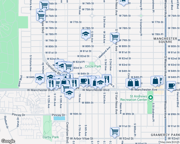 map of restaurants, bars, coffee shops, grocery stores, and more near 2705 West 84th Street in Inglewood
