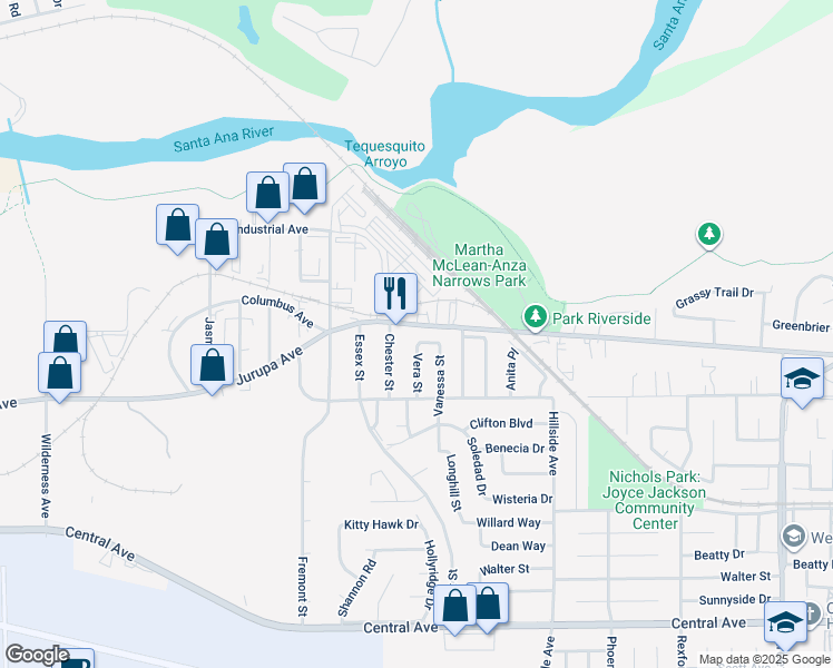 map of restaurants, bars, coffee shops, grocery stores, and more near 6001 Vera Street in Riverside