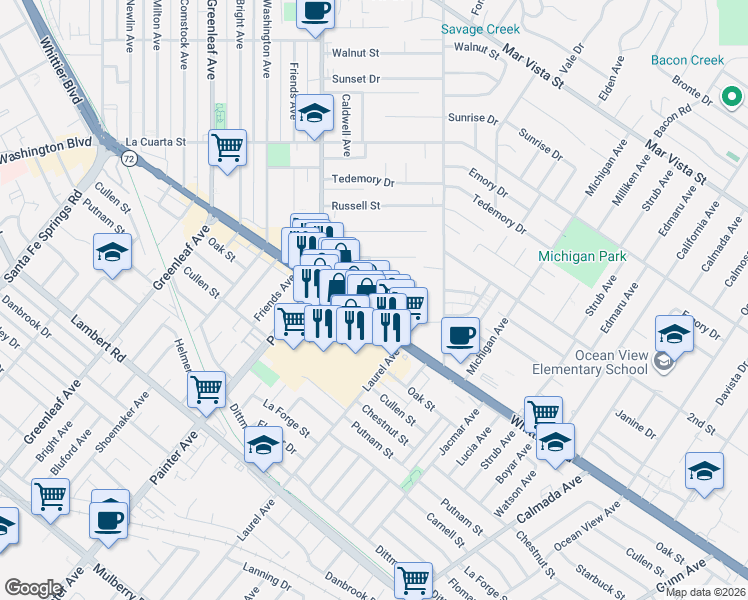 map of restaurants, bars, coffee shops, grocery stores, and more near 13601 Jackson Street in Whittier