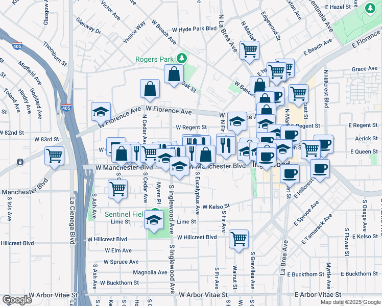 map of restaurants, bars, coffee shops, grocery stores, and more near 315 West Queen Street in Inglewood