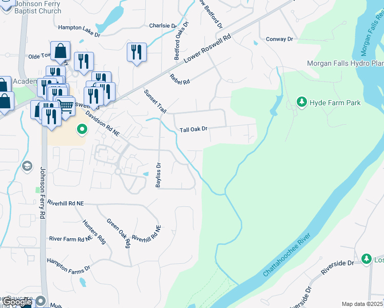map of restaurants, bars, coffee shops, grocery stores, and more near 5219 Willow Mill Drive in Marietta