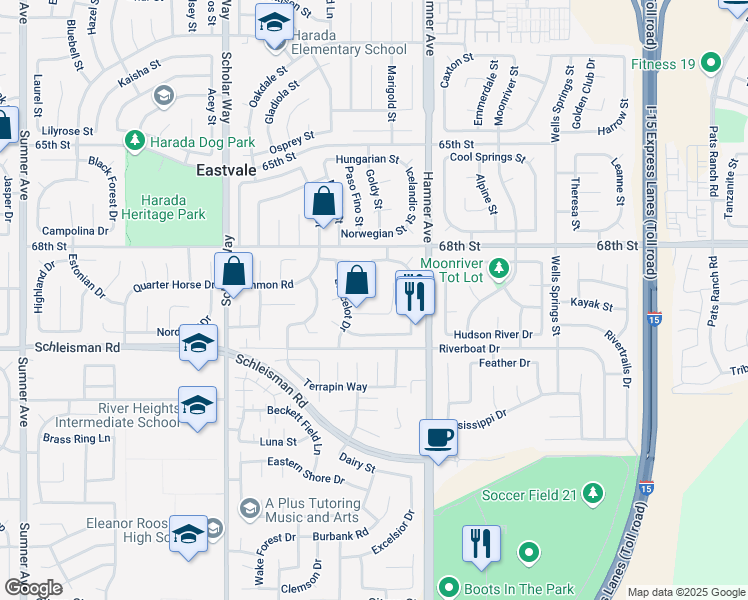 map of restaurants, bars, coffee shops, grocery stores, and more near 6895 Guinevere Court in Corona