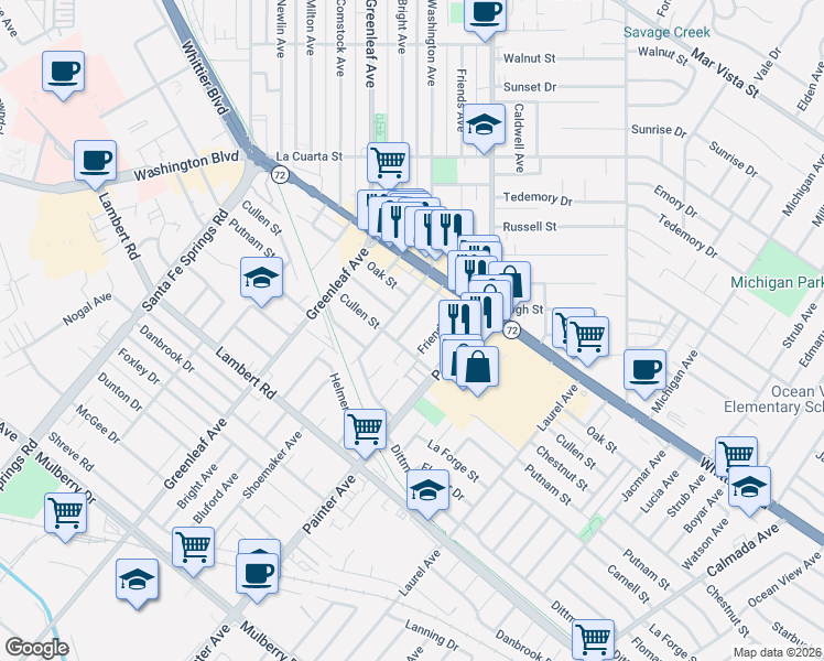 map of restaurants, bars, coffee shops, grocery stores, and more near 8422 Madison Avenue in Whittier