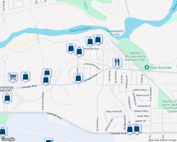 map of restaurants, bars, coffee shops, grocery stores, and more near 5959 Republic Street in Riverside