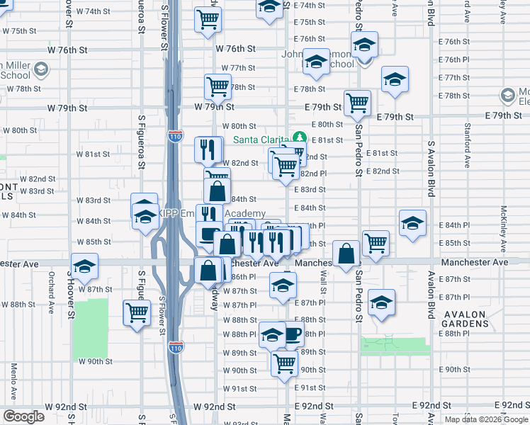 map of restaurants, bars, coffee shops, grocery stores, and more near 137 West 84th Place in Los Angeles