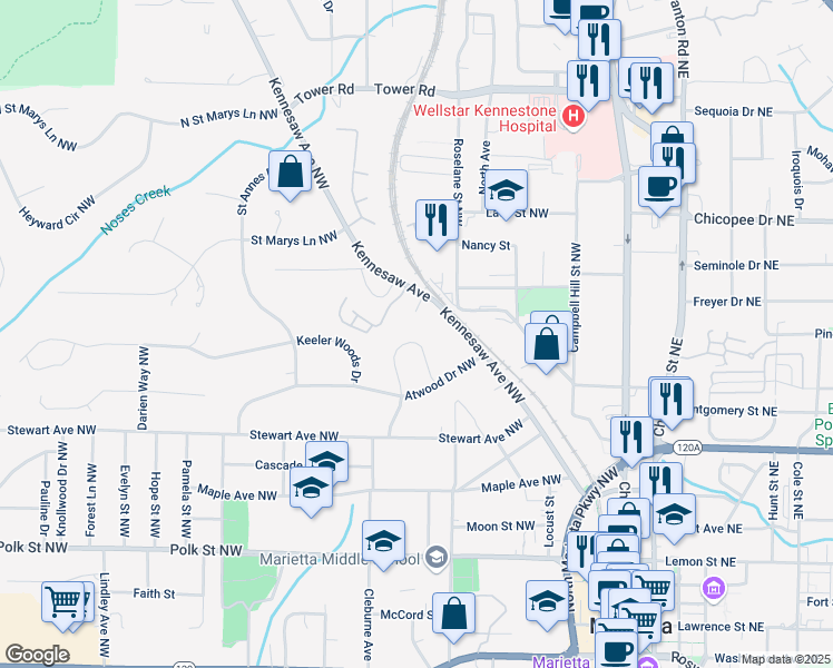 map of restaurants, bars, coffee shops, grocery stores, and more near 388 Talcott Circle Northwest in Marietta