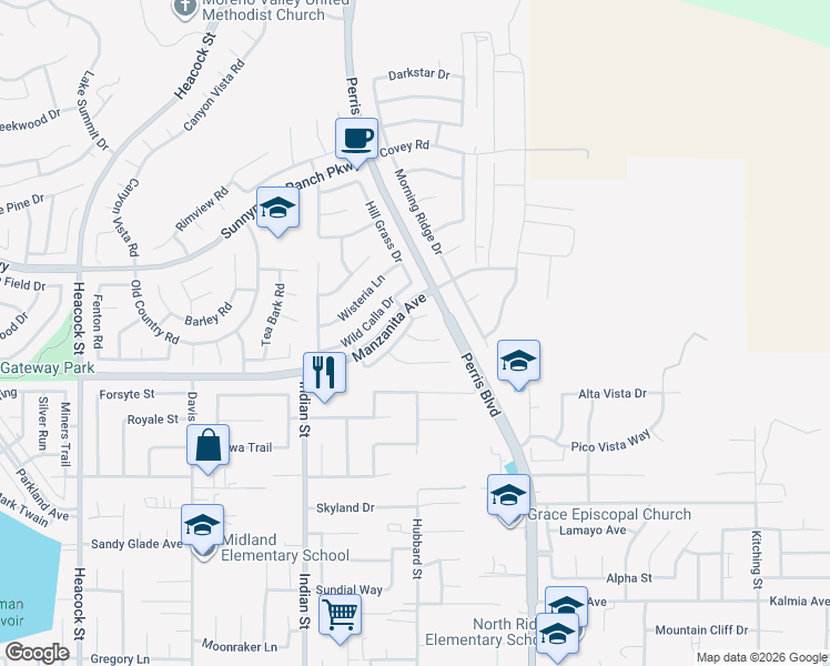 map of restaurants, bars, coffee shops, grocery stores, and more near 24725 Thornberry Circle in Moreno Valley
