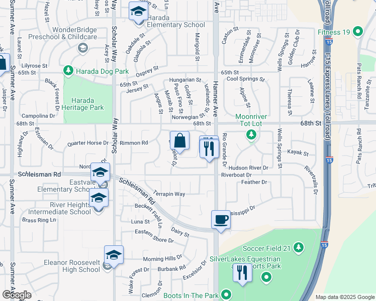 map of restaurants, bars, coffee shops, grocery stores, and more near 6895 Guinevere Court in Corona