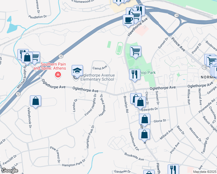 map of restaurants, bars, coffee shops, grocery stores, and more near 120 Knottingham Drive in Athens