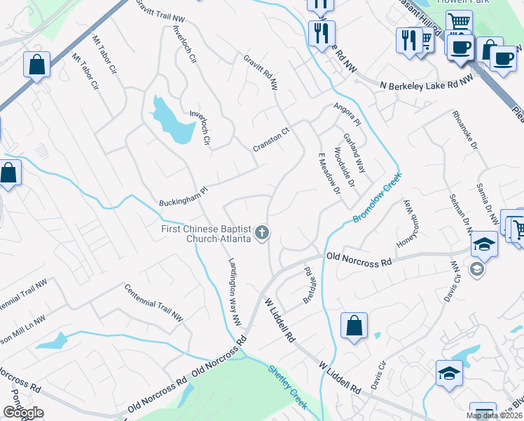 map of restaurants, bars, coffee shops, grocery stores, and more near 2589 Gravitt Road Northwest in Duluth