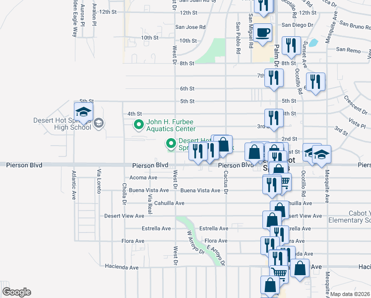 map of restaurants, bars, coffee shops, grocery stores, and more near in Desert Hot Springs