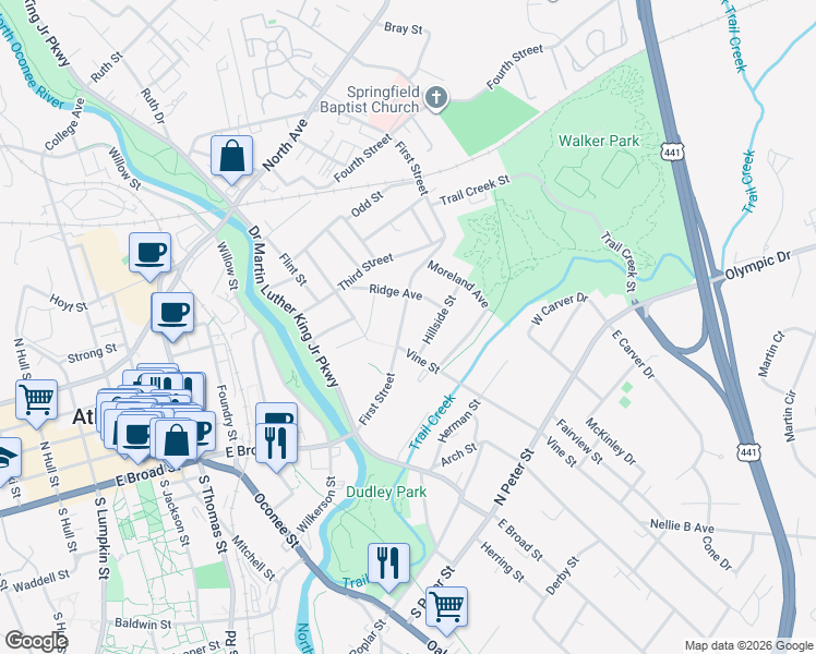 map of restaurants, bars, coffee shops, grocery stores, and more near 235 Ridge Avenue in Athens