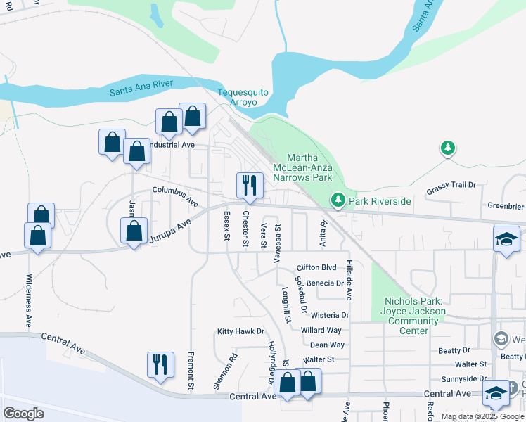 map of restaurants, bars, coffee shops, grocery stores, and more near 6001 Vera Street in Riverside