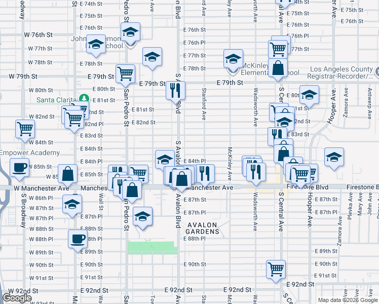map of restaurants, bars, coffee shops, grocery stores, and more near 615 East 84th Street in Los Angeles