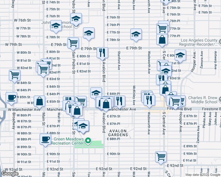 map of restaurants, bars, coffee shops, grocery stores, and more near 620 East 84th Street in Los Angeles