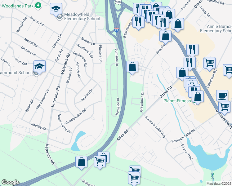 map of restaurants, bars, coffee shops, grocery stores, and more near 605 Burnside Drive in Columbia