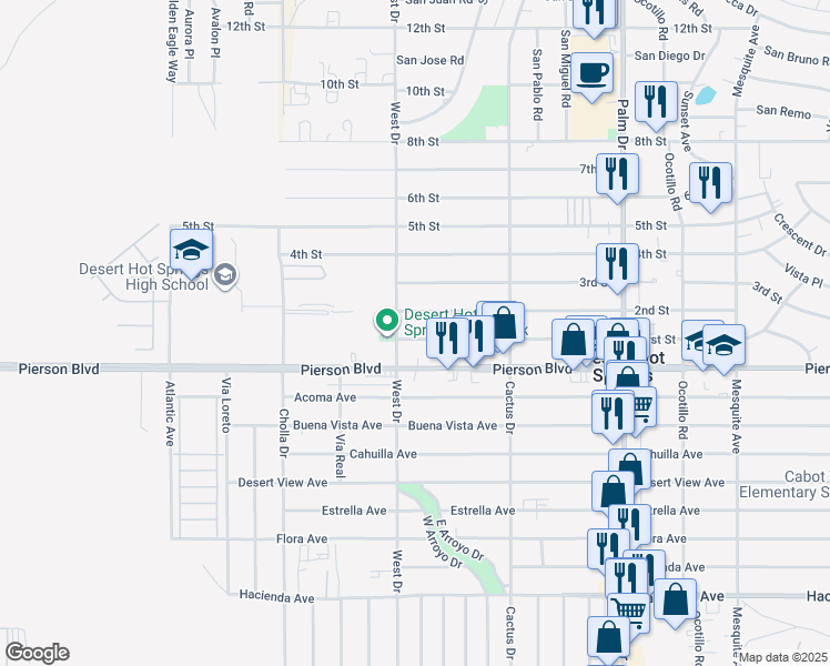 map of restaurants, bars, coffee shops, grocery stores, and more near 66042 First Street in Desert Hot Springs