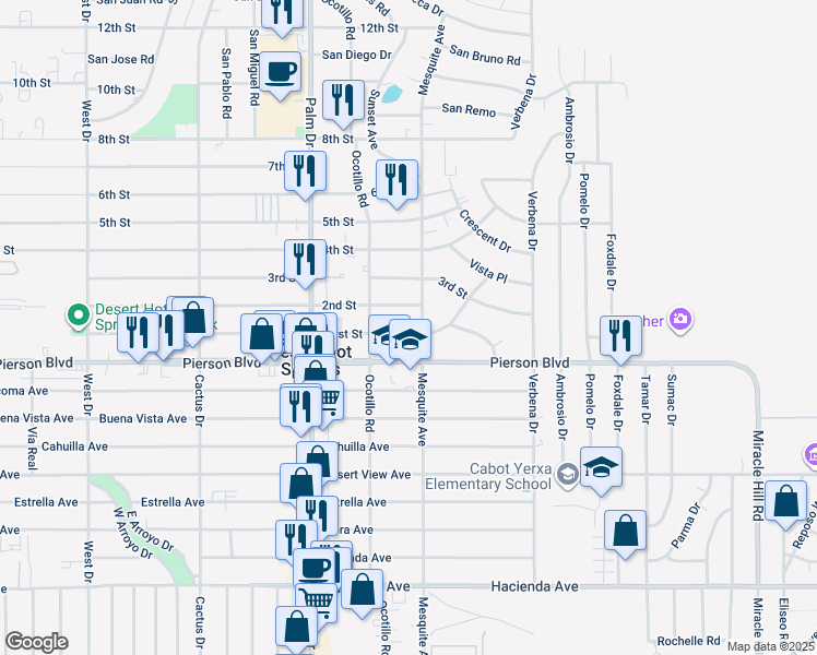map of restaurants, bars, coffee shops, grocery stores, and more near 66669 2nd Street in Desert Hot Springs