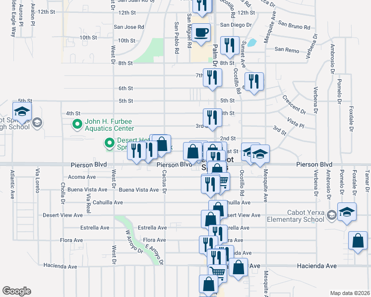 map of restaurants, bars, coffee shops, grocery stores, and more near 66375 2nd Street in Desert Hot Springs